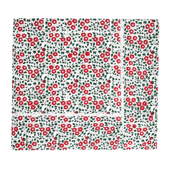 Red and green block printed tablecloth