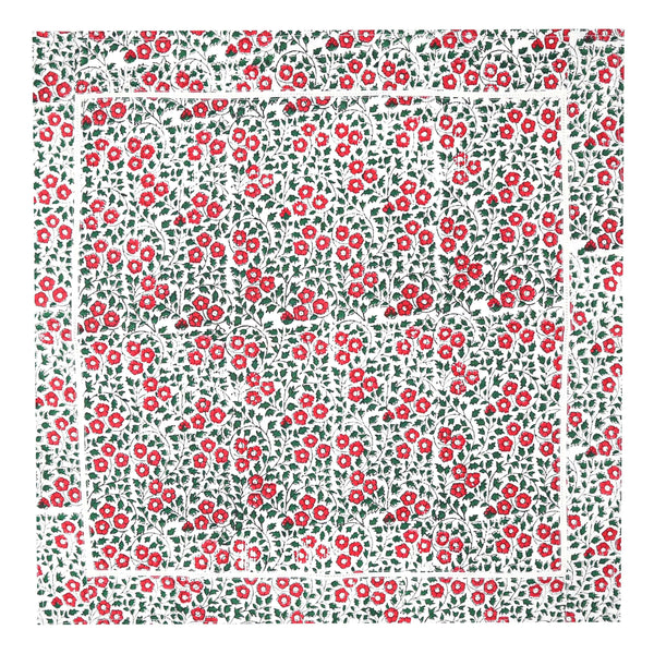 Unfolded red and green block printed napkin