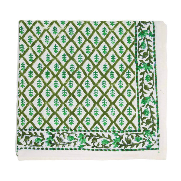 Green floral block printed tablecloth