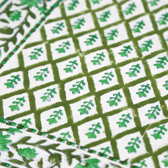 Green floral block printed tablecloth
