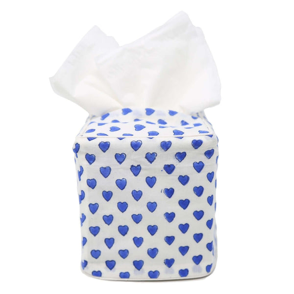 Blue heart block printed tissue box cover
